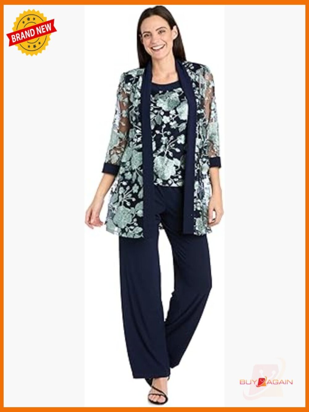 2-Piece Floral Embroidered Pantsuit with Sheer Mock Jacket